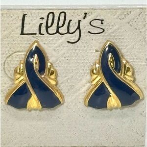 Vintage Lilly’s Blue & Gold  Ribbon Design Enamel Earrings
